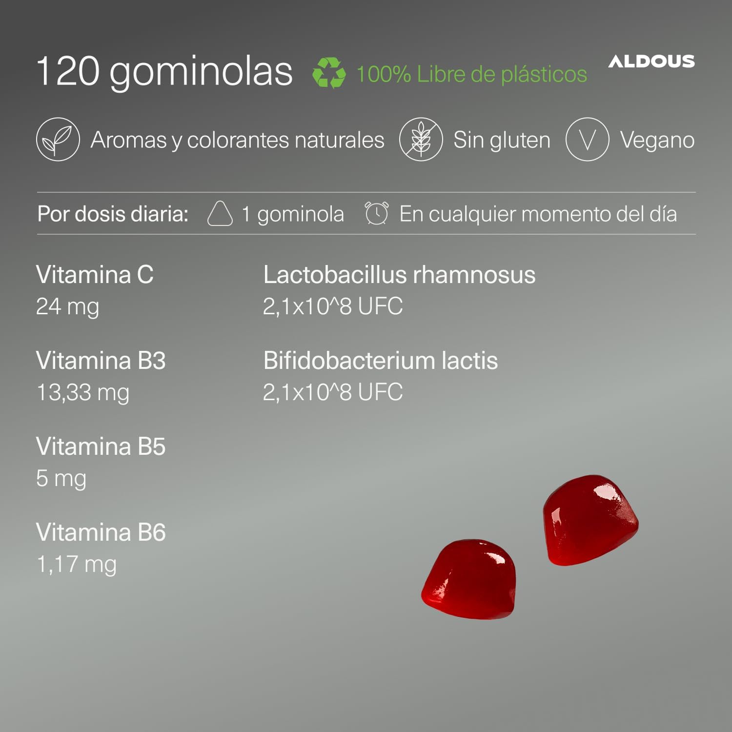 ALDOUS Probióticos Intestinales Gominolas - 120 Gummies sabor natural a Mora - Flora intestinal, Gases, Hinchazón - Bifidobacterium, Lactobacillus, Vitamina C, B3, B5, B6