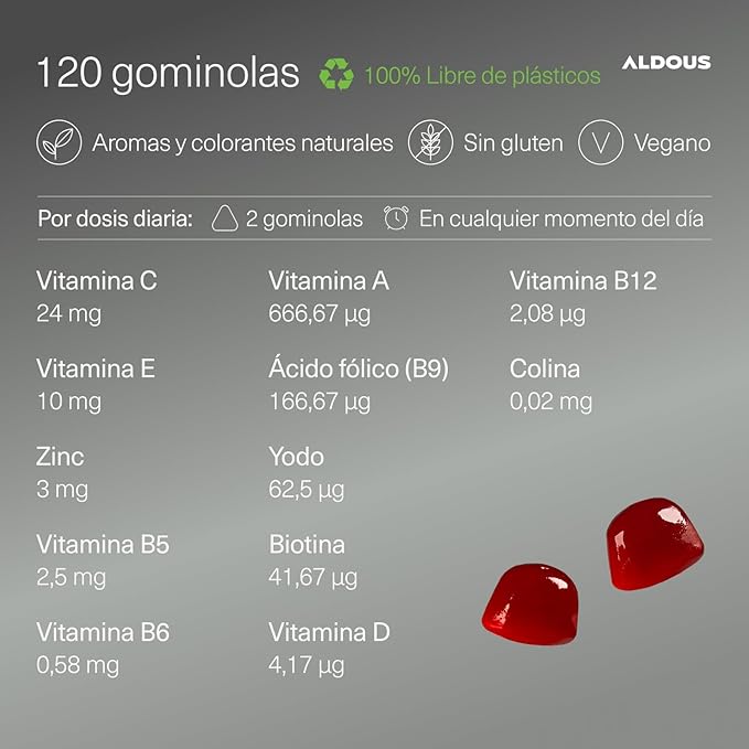 ALDOUS Gominolas Multivitaminas - 120 Gummies sabor natural Mora - 12 vitaminas y minerales - Todas las Vitaminas C, D, B12, E, A, B6, B5, Biotina, Ácido Fólico, Zinc, Yodo, Colina - ALDOUS