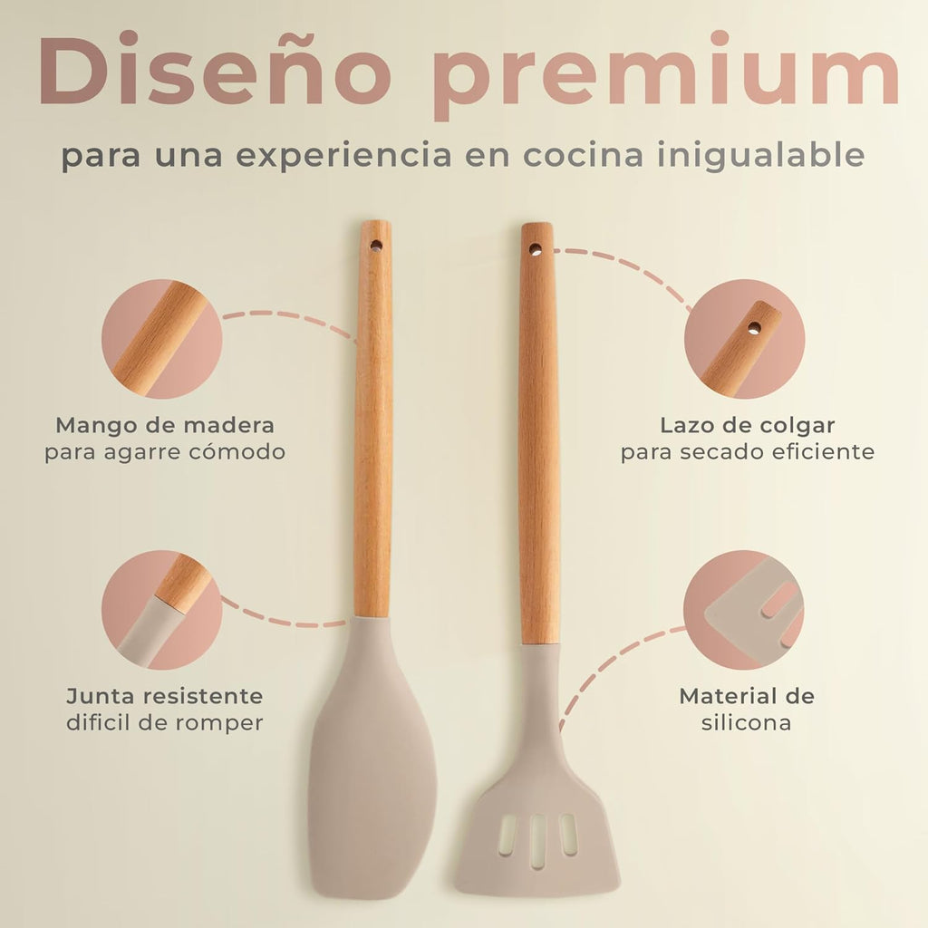 Set de Utensilios de Cocina JUPPLIES 12 Piezas – Silicona con Mango de Madera, Resistente al Calor, Soporte Incluido (Marrón)