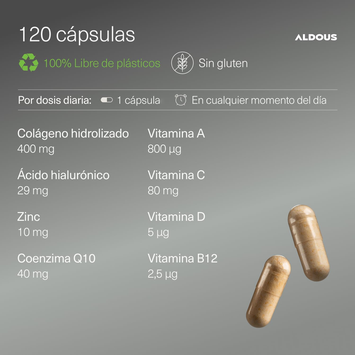 ALDOUS Colágeno Hidrolizado Puro + Ácido Hialurónico + Coenzima Q10 + Vitaminas y B12 + Zinc