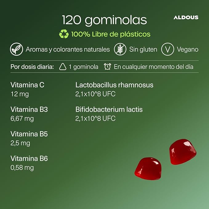 ALDOUS Chuches Probióticos Niños - 120 Gummies sabor natural Cereza - Flora intestinal, Gases e Hinchazón - Bifidobacterium, Lactobacillus, Vitamina C, B3, B5, B6