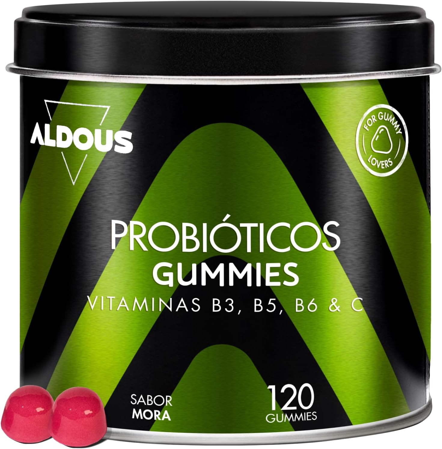 ALDOUS Probióticos Intestinales Gominolas - 120 Gummies sabor natural a Mora - Flora intestinal, Gases, Hinchazón - Bifidobacterium, Lactobacillus, Vitamina C, B3, B5, B6