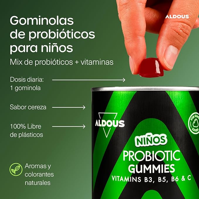 ALDOUS Chuches Probióticos Niños - 120 Gummies sabor natural Cereza - Flora intestinal, Gases e Hinchazón - Bifidobacterium, Lactobacillus, Vitamina C, B3, B5, B6