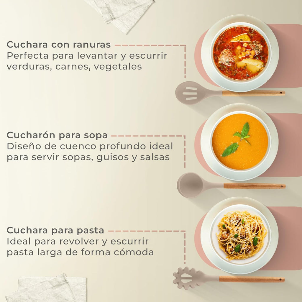 Set de Utensilios de Cocina JUPPLIES 12 Piezas – Silicona con Mango de Madera, Resistente al Calor, Soporte Incluido (Marrón)