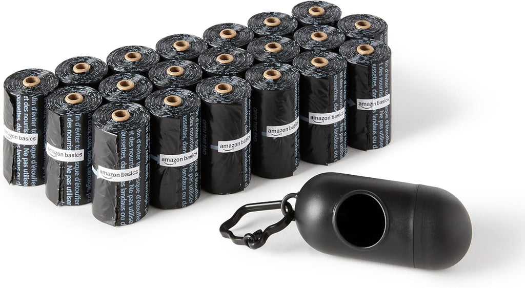 Bolsas para Excrementos de Perro Amazon Basics 300 Unidades – Con Dispensador y Clip para Correa, Sin Fragancia (20 Rollos x 15 Bolsas)