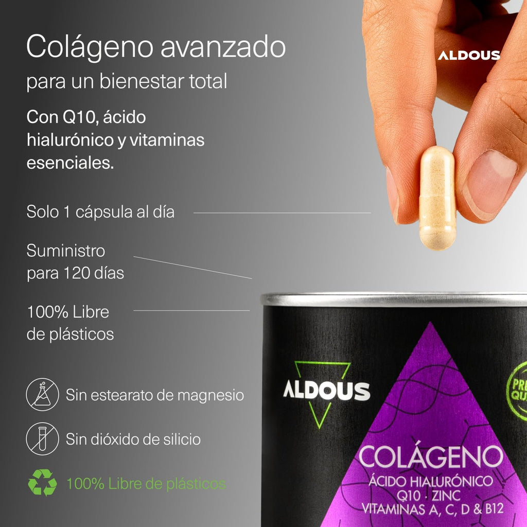 ALDOUS Colágeno Hidrolizado Puro + Ácido Hialurónico + Coenzima Q10 + Vitaminas y B12 + Zinc