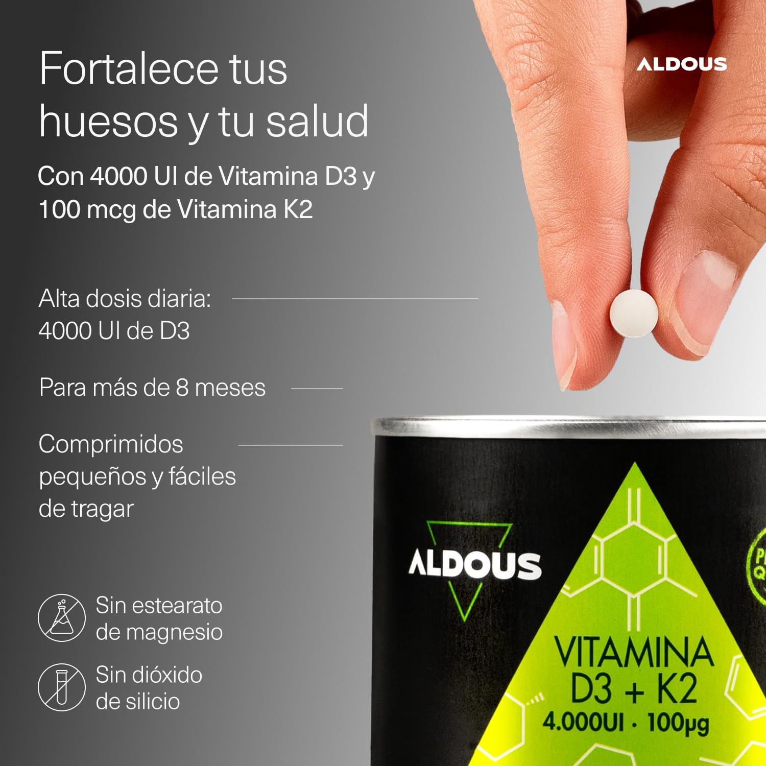 ALDOUS Vitamina D3 y K2 4000 UI - 250 comprimidos + 8 meses - Vitamina K2 100mcg - Vitamina D Colecalciferol