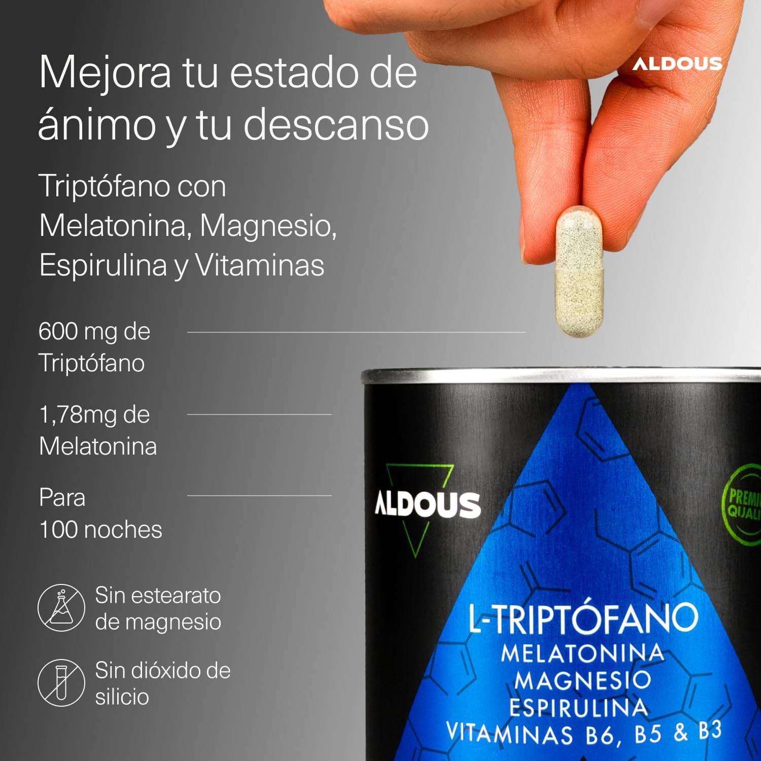 Triptófano + Melatonina 1,78mg + Magnesio | Sueño – Aldous