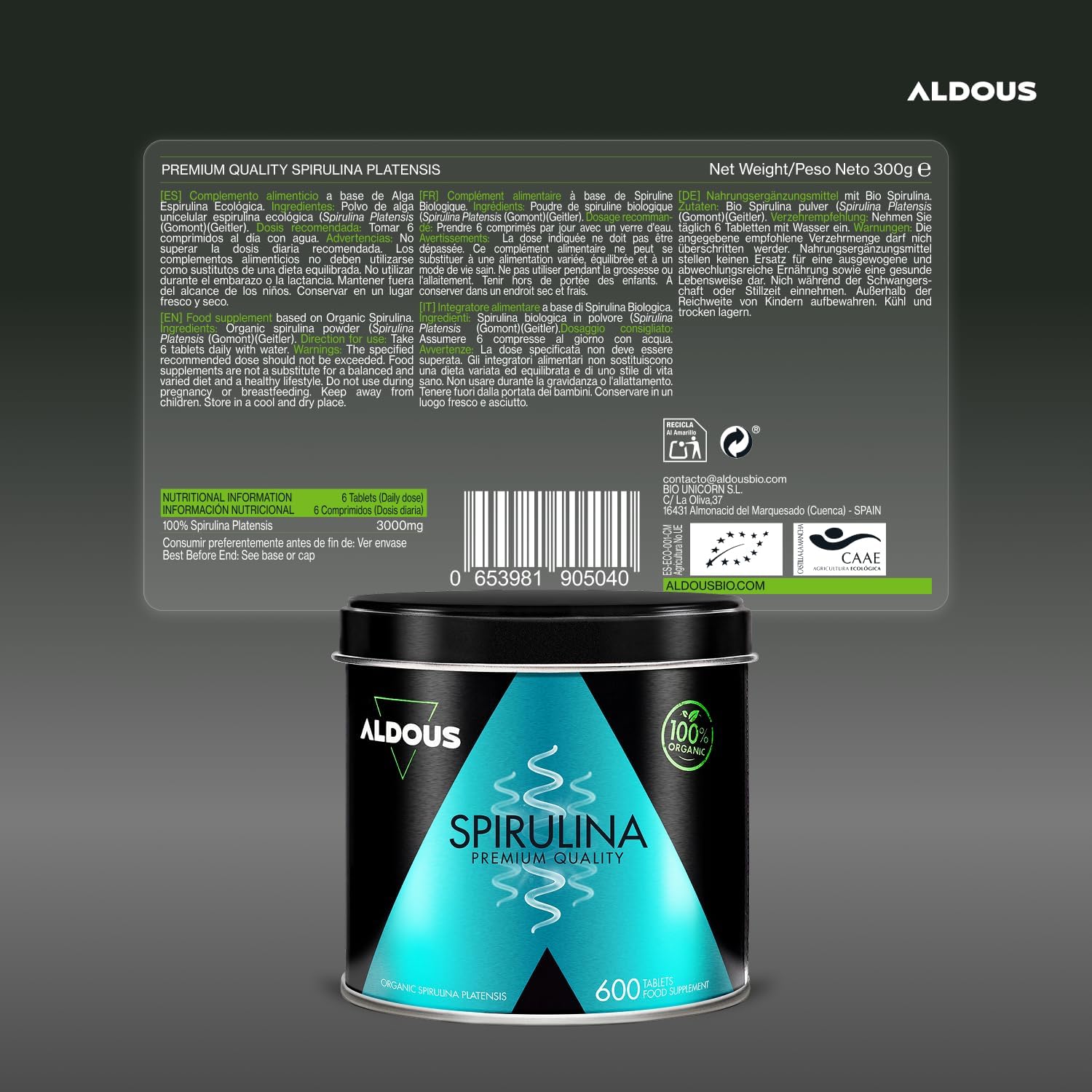 Espirulina Ecológica 600 Comprimidos | Proteína Vegana – Aldous