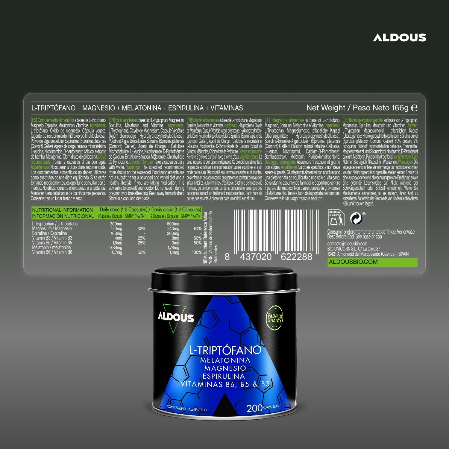 Triptófano + Melatonina 1,78mg + Magnesio | Sueño – Aldous
