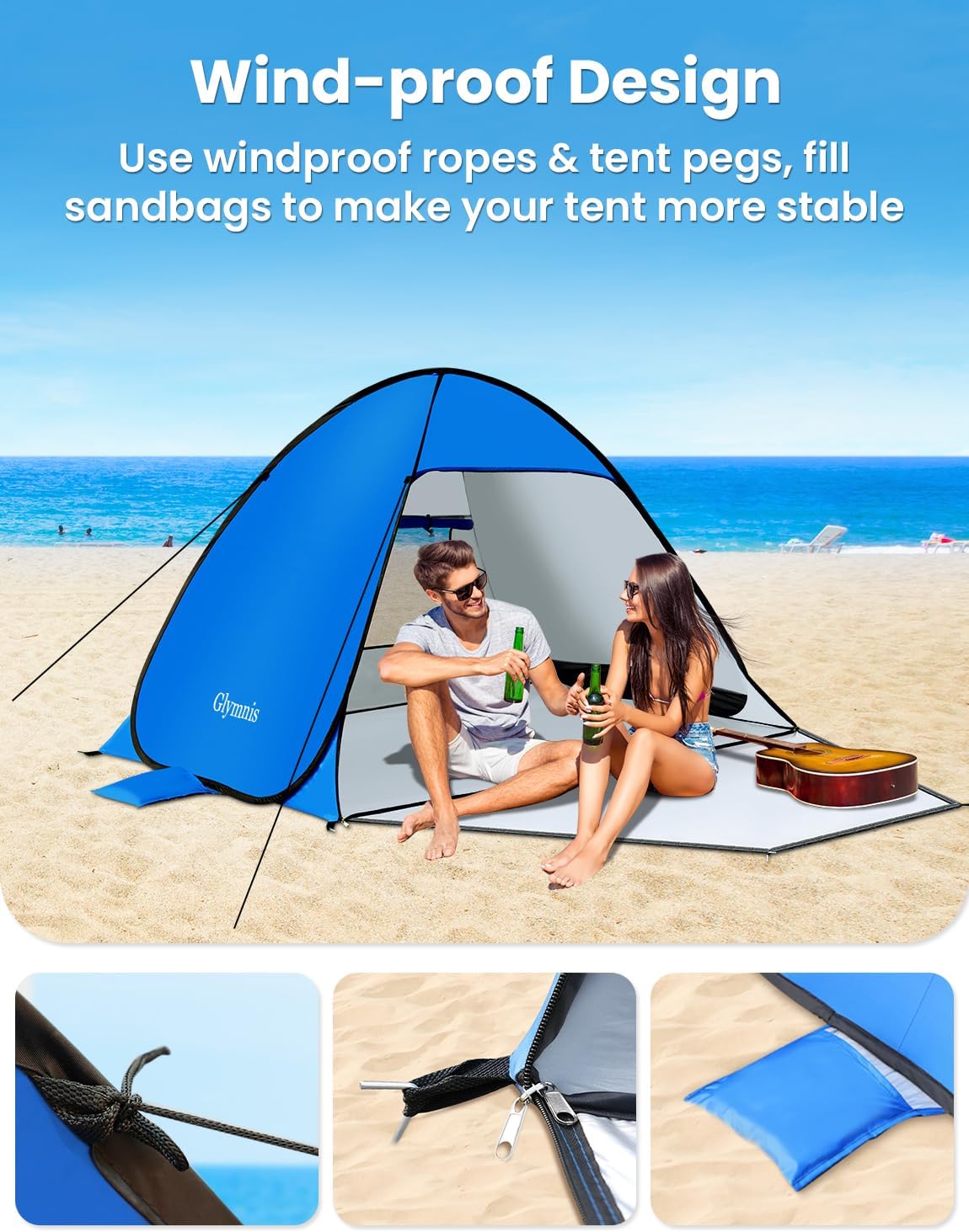 Glymnis Tienda de Playa Pop Up 2-3 Personas UPF 50+ Instantanea Portatil