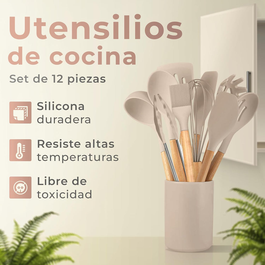 Set de Utensilios de Cocina JUPPLIES 12 Piezas – Silicona con Mango de Madera, Resistente al Calor, Soporte Incluido (Marrón)