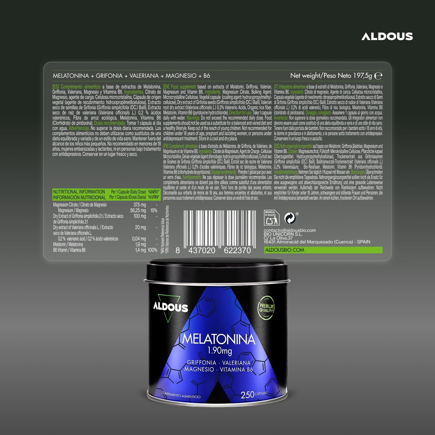 Melatonina 1,9mg + Magnesio, Valeriana y 5HTP | Sueño – Aldous