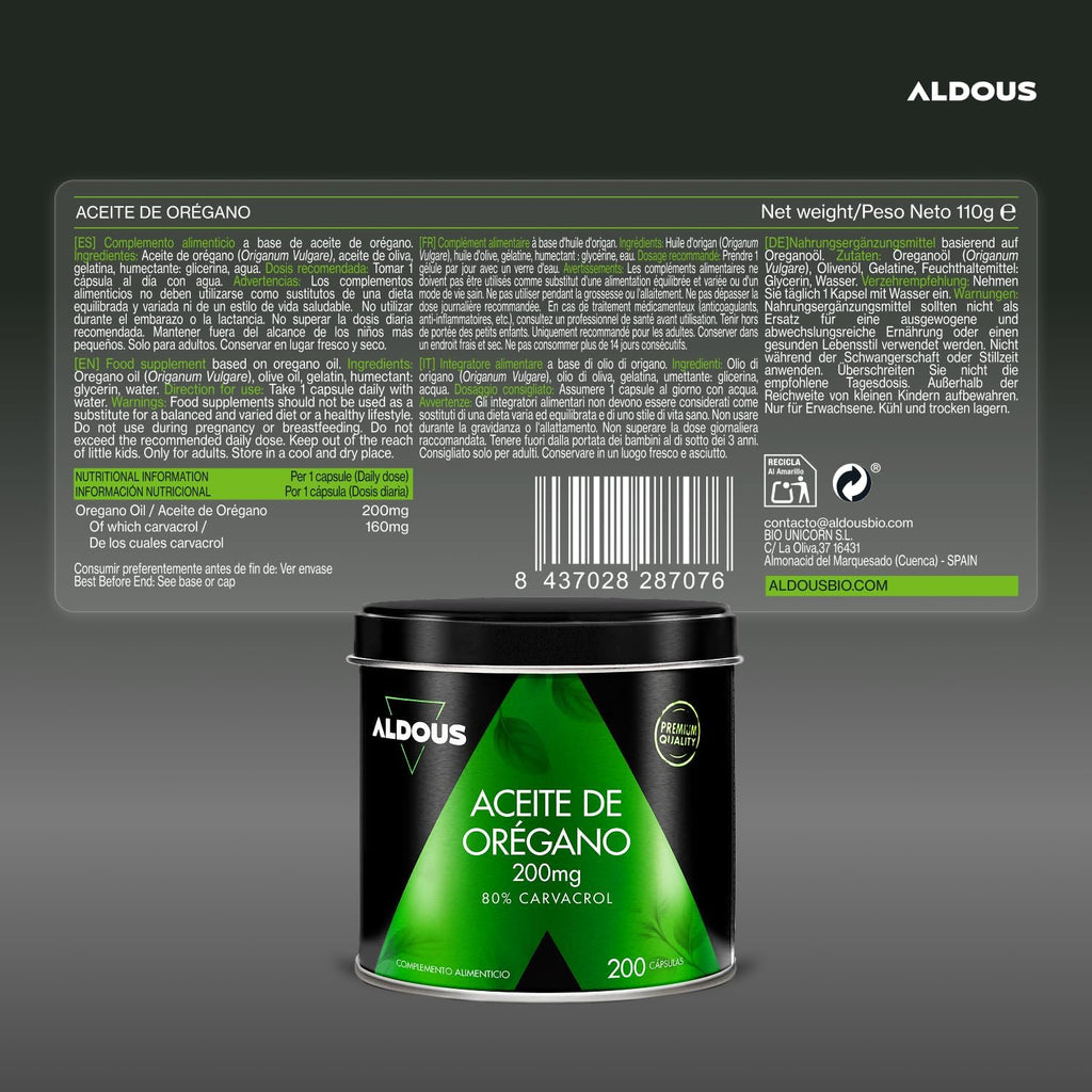 Aceite de Orégano 80% Carvacrol 160mg | 200 Cápsulas – Aldous