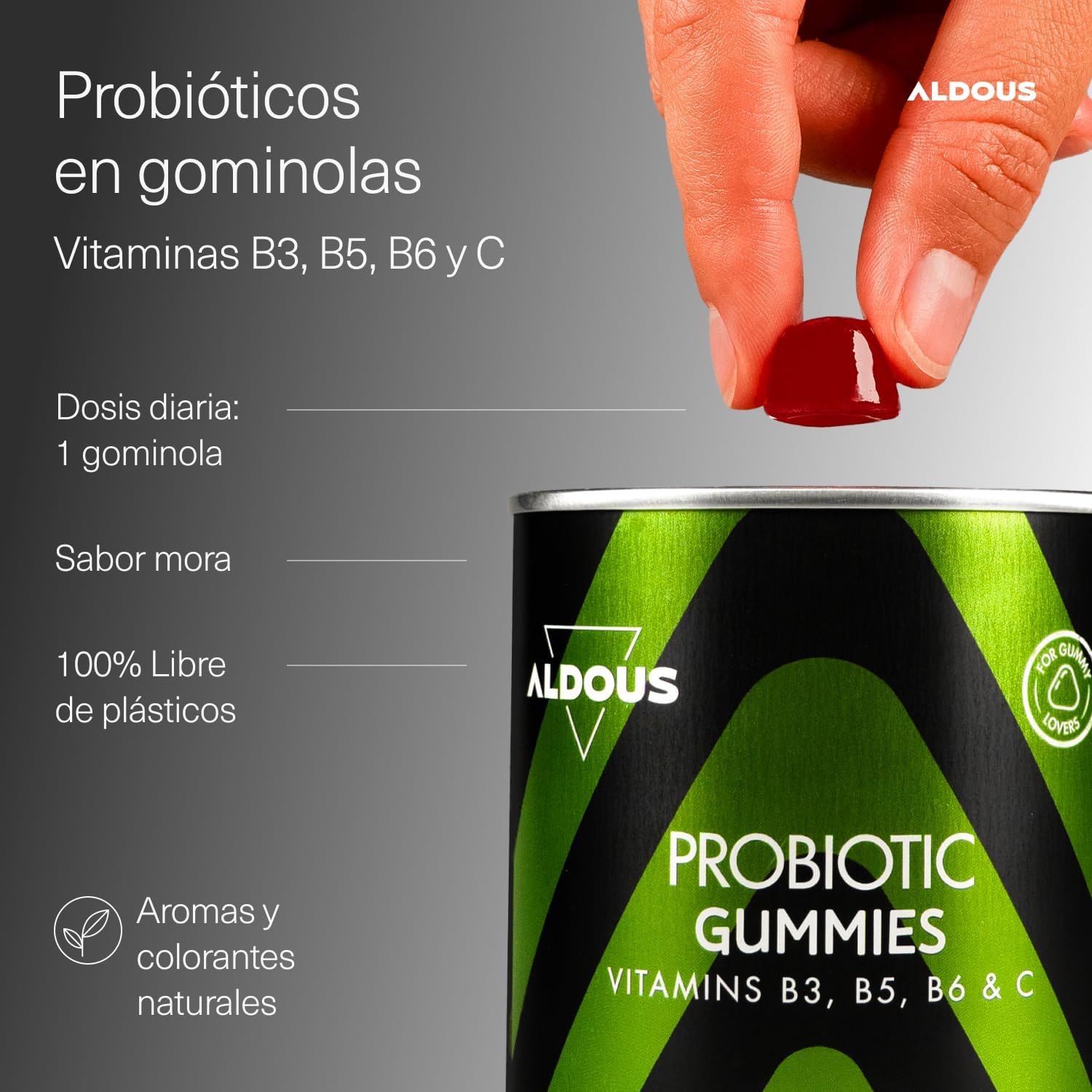 ALDOUS Probióticos Intestinales Gominolas - 120 Gummies sabor natural a Mora - Flora intestinal, Gases, Hinchazón - Bifidobacterium, Lactobacillus, Vitamina C, B3, B5, B6