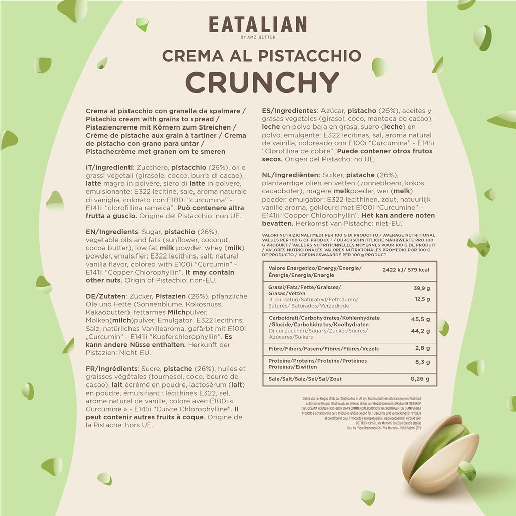 Crema de Pistacho Crujiente EATALIAN 200 g – Con Trozos de Pistacho, Sabor Dulce, Hecha en Italia