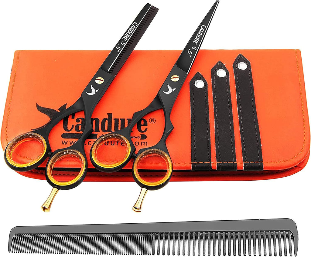 Tijeras de Peluquería Profesionales Candure 5,5" – Set Corte y Entresacar, Acero Inoxidable, Diseño Negro Profundo