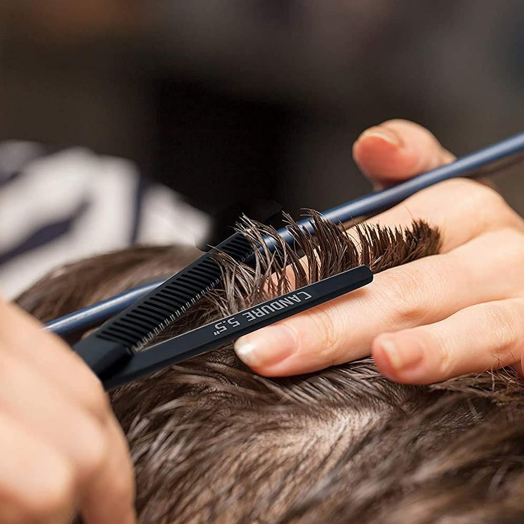Tijeras de Peluquería Profesionales Candure 5,5" – Set Corte y Entresacar, Acero Inoxidable, Diseño Negro Profundo