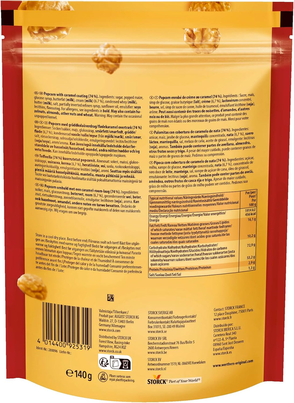 Palomitas de Caramelo Werther's Original 140 g – Crujientes, Sin Gluten, Aptas para Veganos