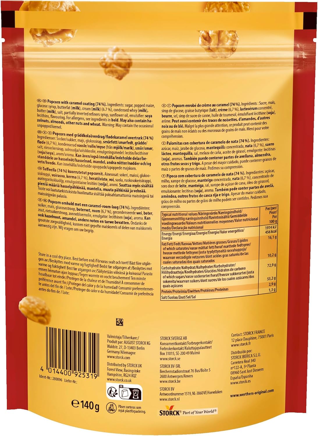 Palomitas de Caramelo Werther's Original 140 g – Crujientes, Sin Gluten, Aptas para Veganos