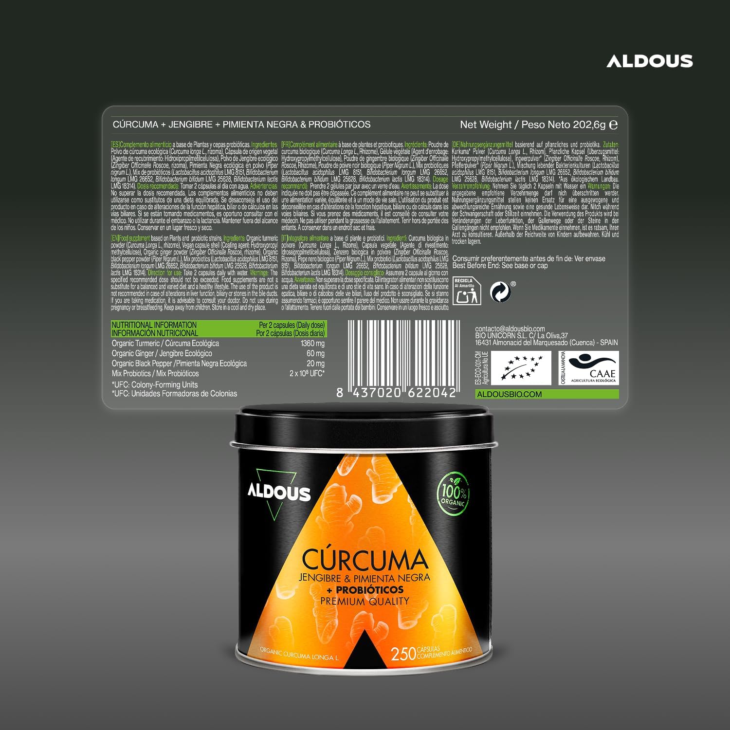 ALDOUS  PROBIÓTICOS + BIO Cúrcuma con Jengibre y Pimienta Negra - 1460mg - con Curcumina y Piperina - Antiinflamatorio Natural 250 capsulas