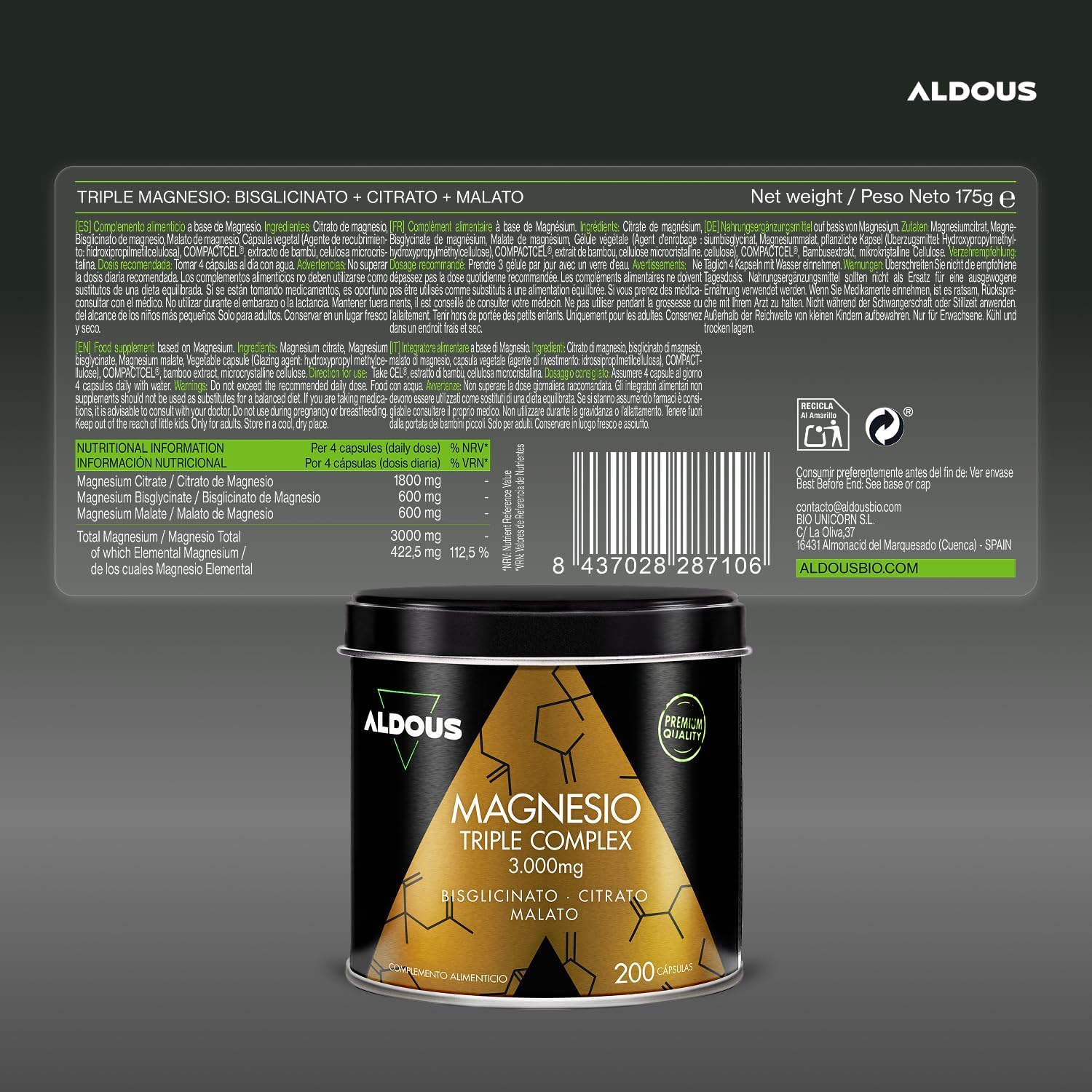 ALDOUS Magnesio Complex - 3000mg - Triple Magnesio Bisglicinato, Citrato y Malato