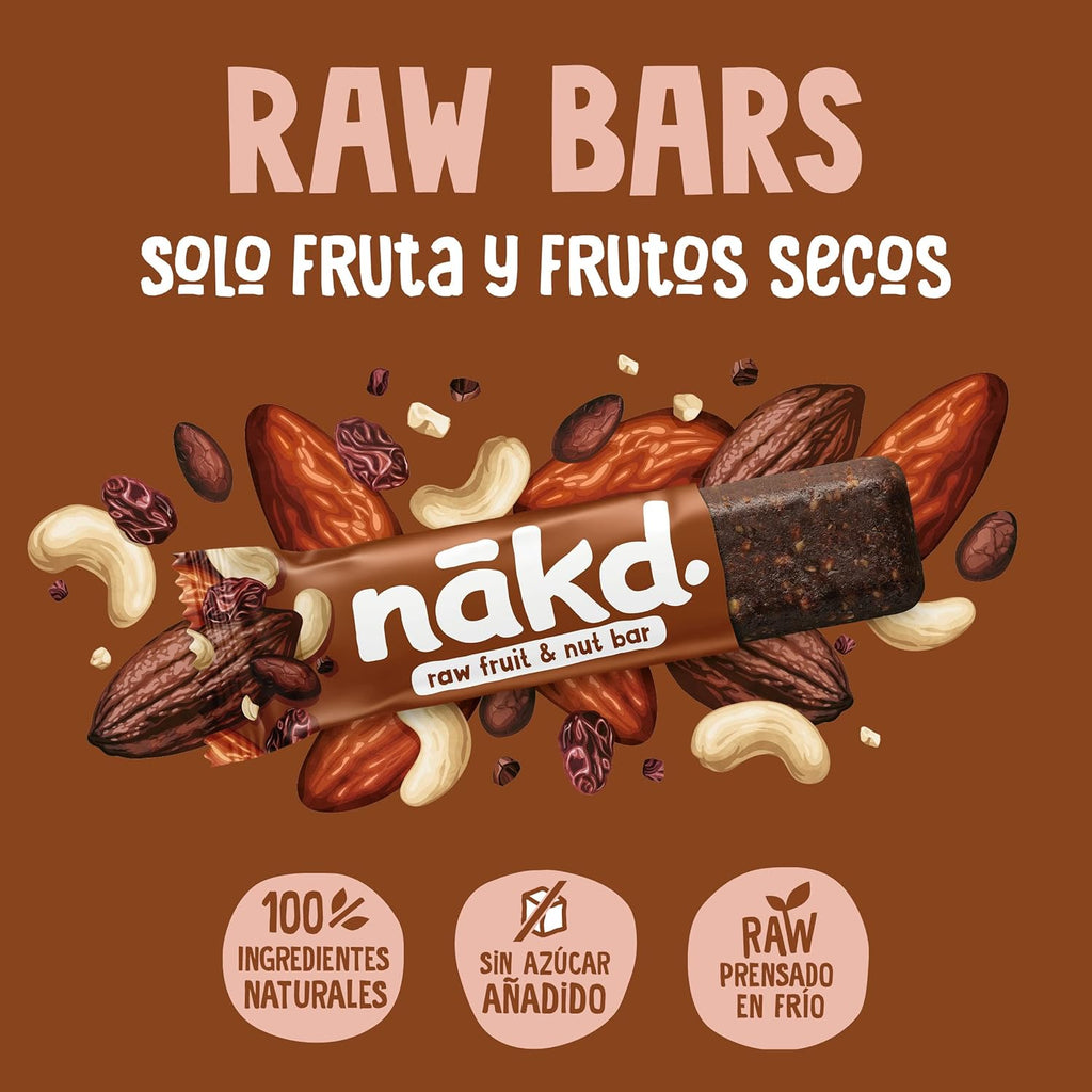 Barritas Nakd Cocoa Delight 18 x 35 g – Fruta y Frutos Secos Crudos, Sin Azúcar Añadido, Veganas