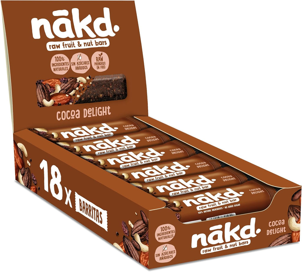 Barritas Nakd Cocoa Delight 18 x 35 g – Fruta y Frutos Secos Crudos, Sin Azúcar Añadido, Veganas