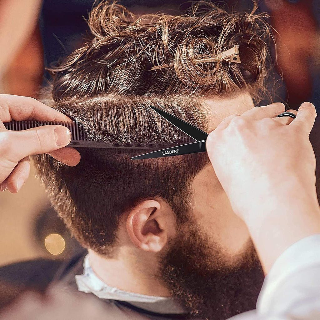 Tijeras de Peluquería Profesionales Candure 5,5" – Set Corte y Entresacar, Acero Inoxidable, Diseño Negro Profundo