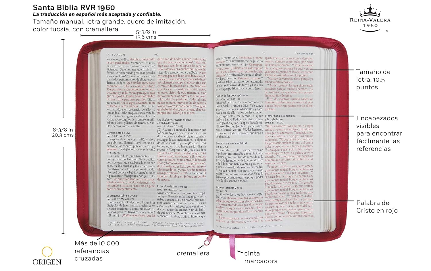 Biblia RVR 1960 Letra Grande Fucsia Cremallera | Símil Piel Tamaño Manual