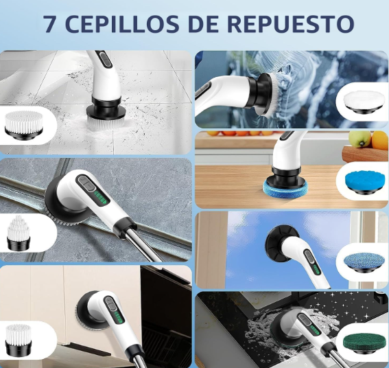 FYDEE Cepillo Eléctrico de Limpieza con 7 Cabezales y Mango Extensible IPX7