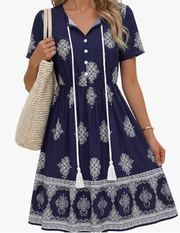 Zeagoo Vestido Bohemio Floral de Verano para Mujer - Cuello en V, Línea A