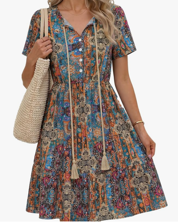 Zeagoo Vestido Bohemio Floral de Verano para Mujer - Cuello en V, Línea A