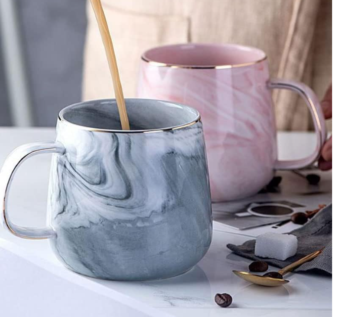 Xfeyaqlo Taza de Mármol Cerámica 400ml con Cuchara y Tapa - Diseño Elegante