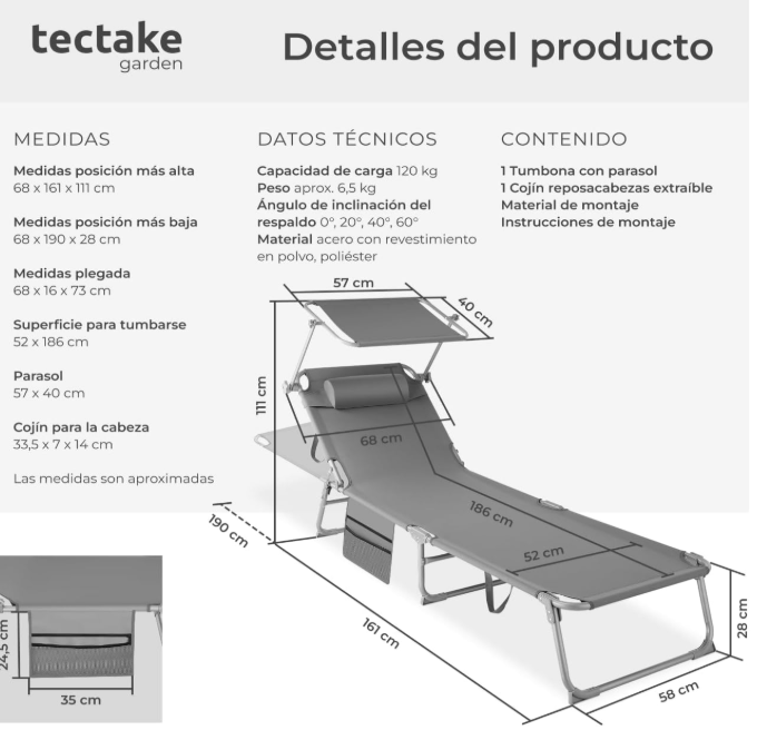 tectake Tumbona de Jardín Plegable con Parasol y Bolsillo Lateral - Acero Resistente