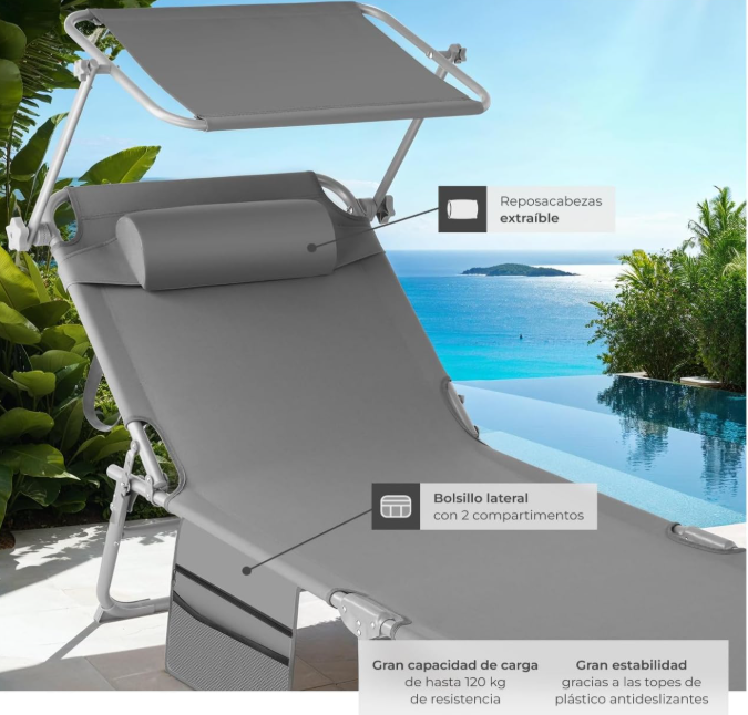 tectake Tumbona de Jardín Plegable con Parasol y Bolsillo Lateral - Acero Resistente