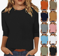 Camiseta de Mujer Algodón Elástico Cuello Barco Mangas 3/4 — Elegante y Cómoda