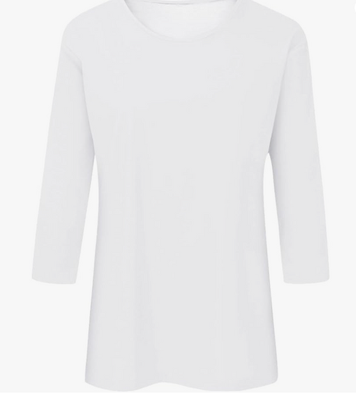 Camiseta de Mujer Algodón Elástico Cuello Barco Mangas 3/4 — Elegante y Cómoda