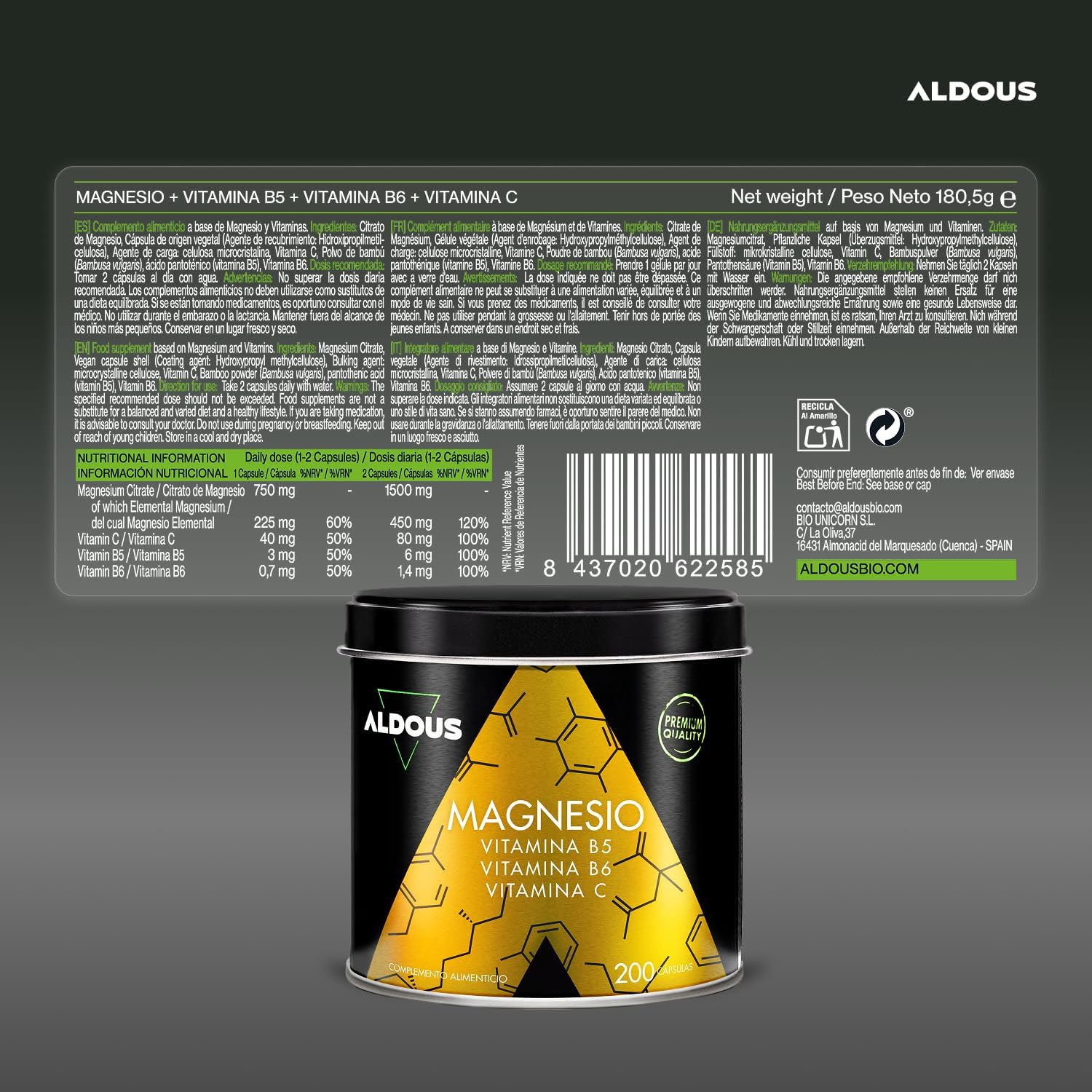 Citrato de Magnesio 1500mg + Vitaminas B5, B6 y C – Aldous