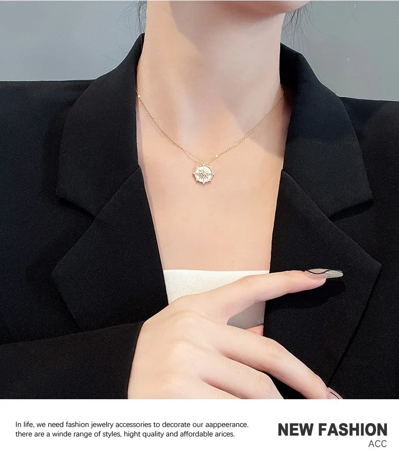 DIEYURO Stainless Steel Fashion Personality Geometric Zircon Necklace Shell Flower Pendant Hong Kong Style Clavicle Chain Gift