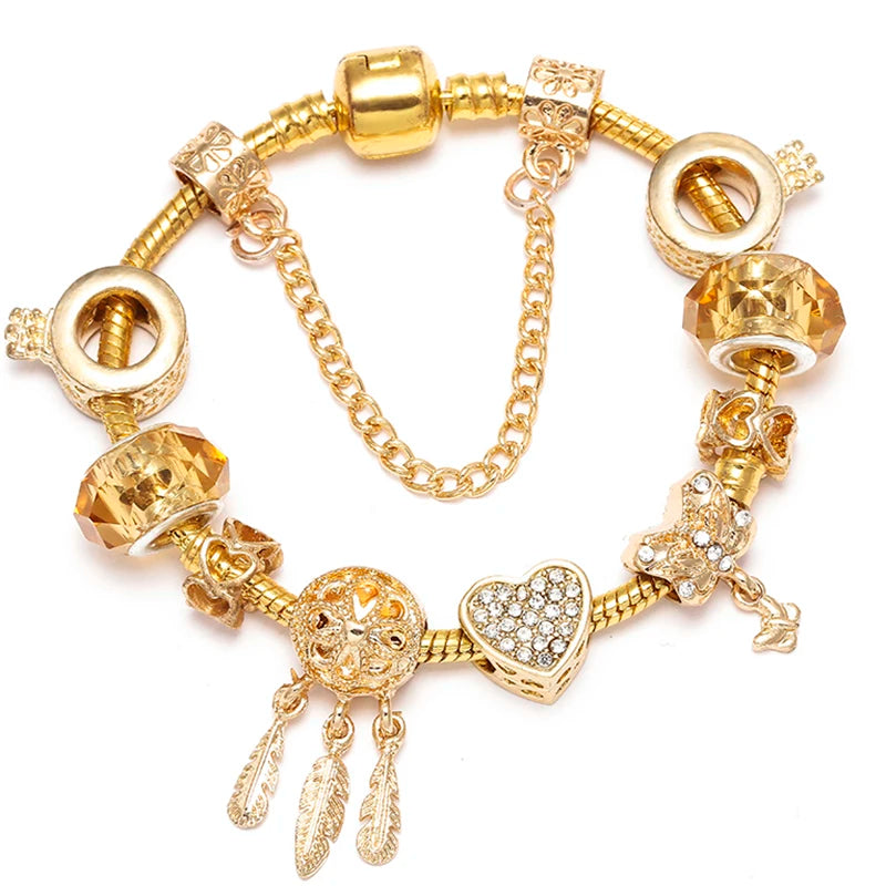 2024 New Crystal Heart Beads Charm Bracelets Gold Color Snake Chain Brand Bracelets for Women Lover Valentine's Day Jewelry Gift