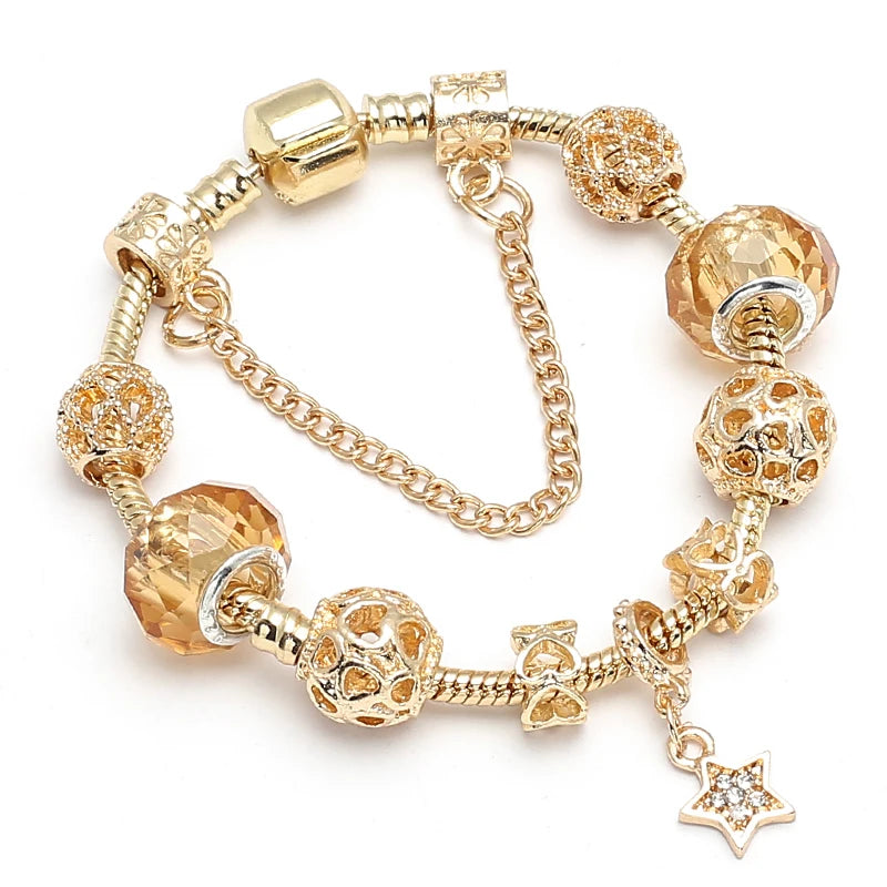 2024 New Crystal Heart Beads Charm Bracelets Gold Color Snake Chain Brand Bracelets for Women Lover Valentine's Day Jewelry Gift