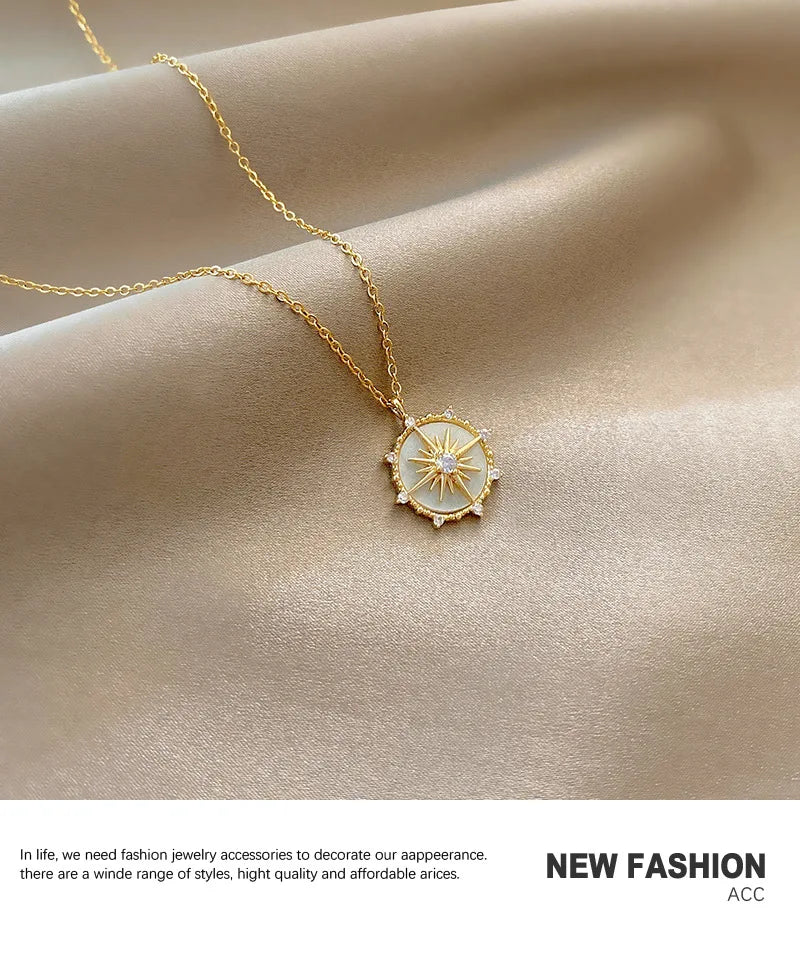 DIEYURO Stainless Steel Fashion Personality Geometric Zircon Necklace Shell Flower Pendant Hong Kong Style Clavicle Chain Gift