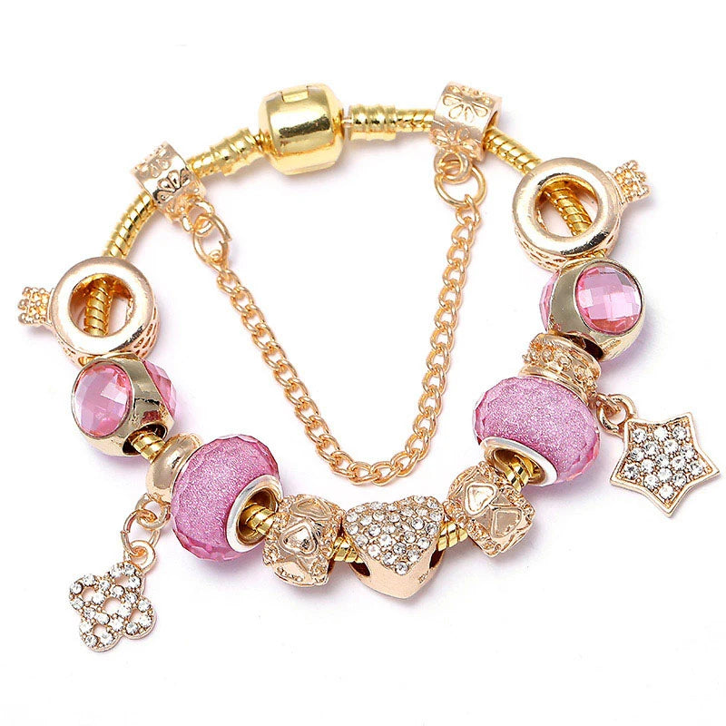 2024 New Crystal Heart Beads Charm Bracelets Gold Color Snake Chain Brand Bracelets for Women Lover Valentine's Day Jewelry Gift