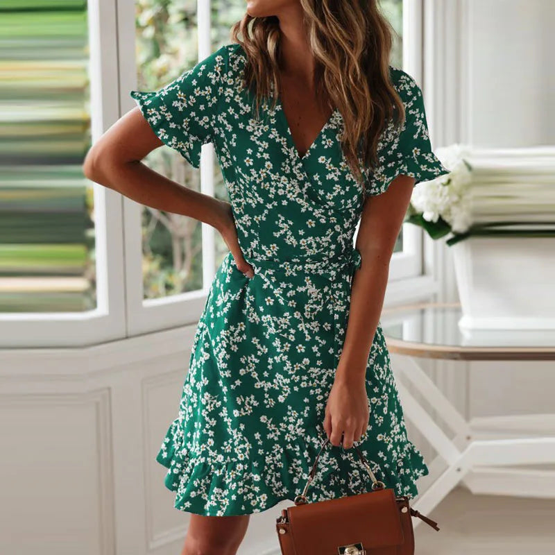 Boho Floral Print Ruffles Women Dress 2022 Summer Sexy V Neck Short Sleeve A Line Chiffon Mini Dresses Beach Vacation Sundress