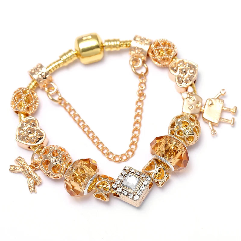 2024 New Crystal Heart Beads Charm Bracelets Gold Color Snake Chain Brand Bracelets for Women Lover Valentine's Day Jewelry Gift