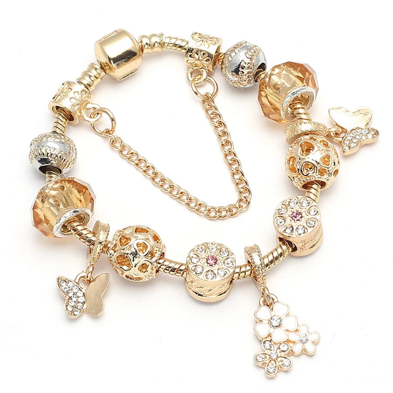 2024 New Crystal Heart Beads Charm Bracelets Gold Color Snake Chain Brand Bracelets for Women Lover Valentine's Day Jewelry Gift