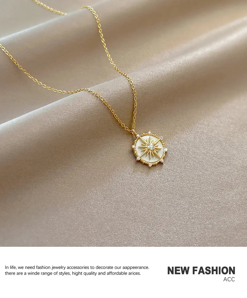 DIEYURO Stainless Steel Fashion Personality Geometric Zircon Necklace Shell Flower Pendant Hong Kong Style Clavicle Chain Gift
