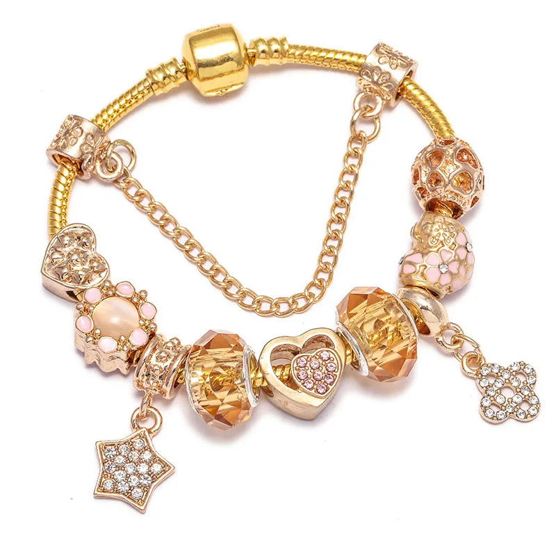 2024 New Crystal Heart Beads Charm Bracelets Gold Color Snake Chain Brand Bracelets for Women Lover Valentine's Day Jewelry Gift