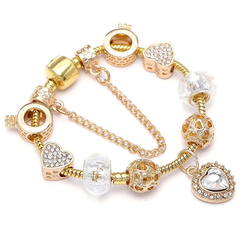 2024 New Crystal Heart Beads Charm Bracelets Gold Color Snake Chain Brand Bracelets for Women Lover Valentine's Day Jewelry Gift